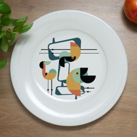 White plate with a modern geometric illustration of two stylized birds