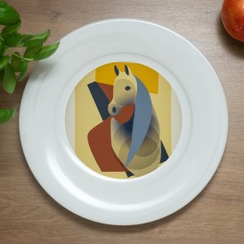 White plate with a modern geometric illustration of a horse