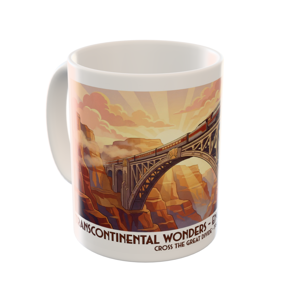 Vintage Train Canyon Bridge Custom Mug - Art Deco Travel