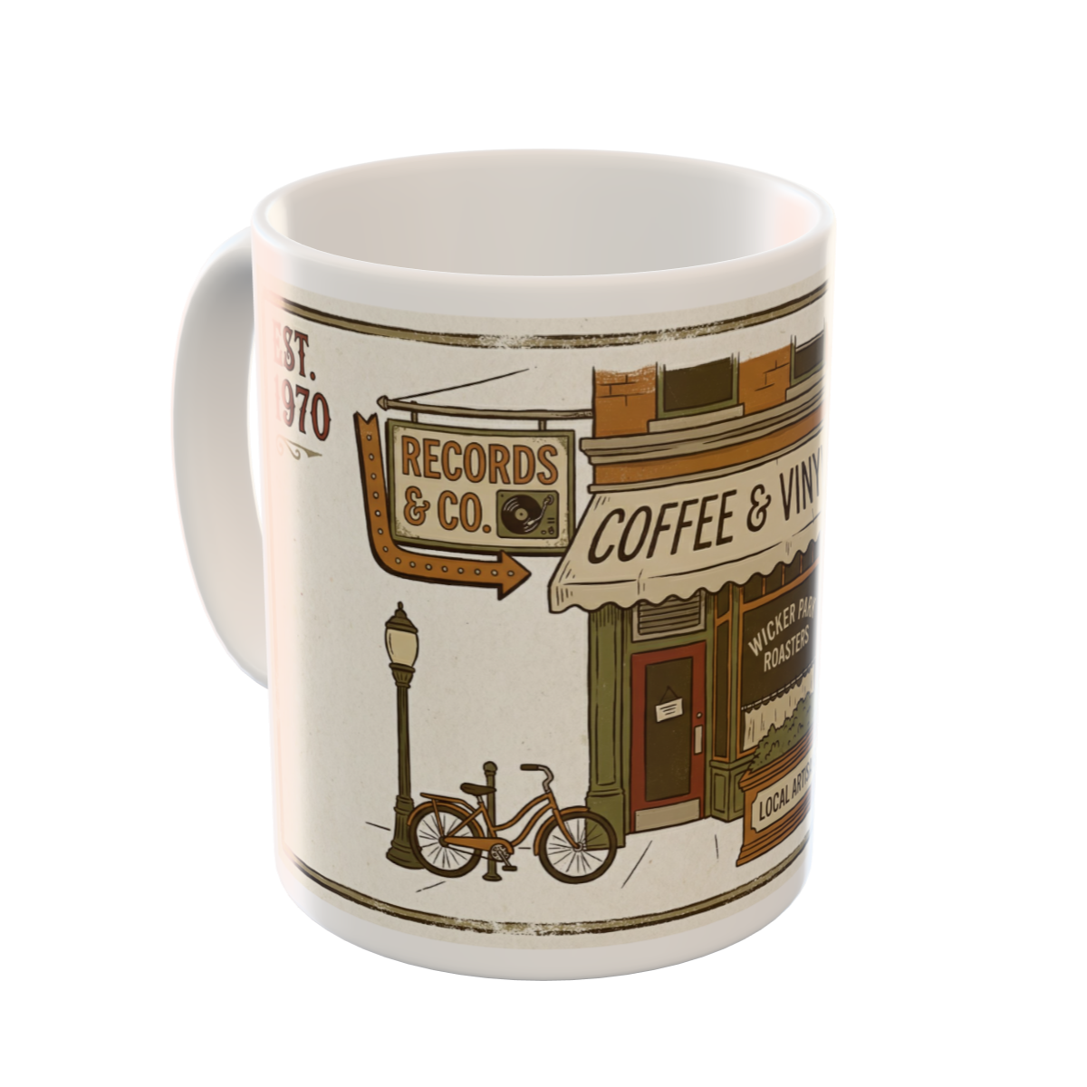 Vintage Wicker Park Chicago Coffee & Vinyl Custom Mug Art